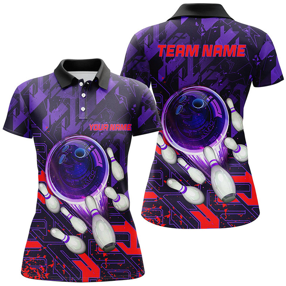 Custom Purple Red Abstract Bowling Team League Gifts Women's Polo Shirts S-5XL
