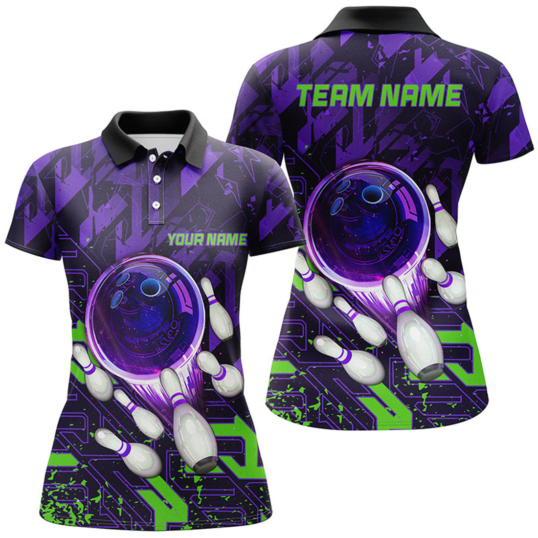 Custom Purple Green Abstract Bowling Shirt for League Gifts Women's Polo Shirts S-5XL