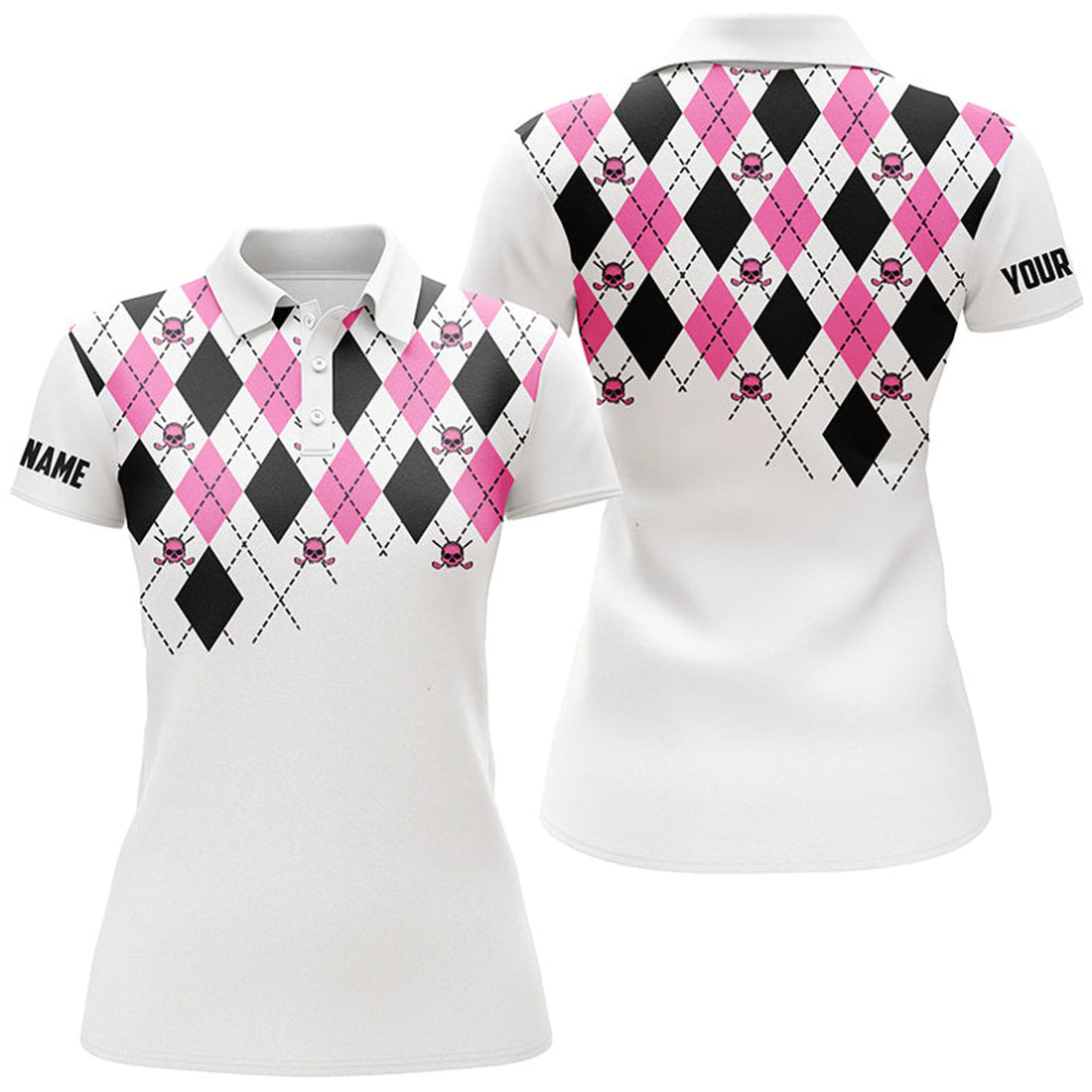 Custom Name Pink Black Argyle Plaid Skull Golf Shirt White Women's Polo Shirts S-5XL