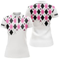 Custom Name Pink Black Argyle Plaid Skull Golf Shirt White Women's Polo Shirts S-5XL