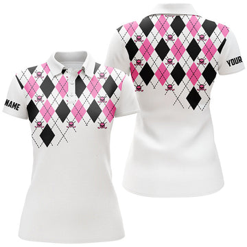 Custom Name Pink Black Argyle Plaid Skull Golf Shirt White Women's Polo Shirts S-5XL
