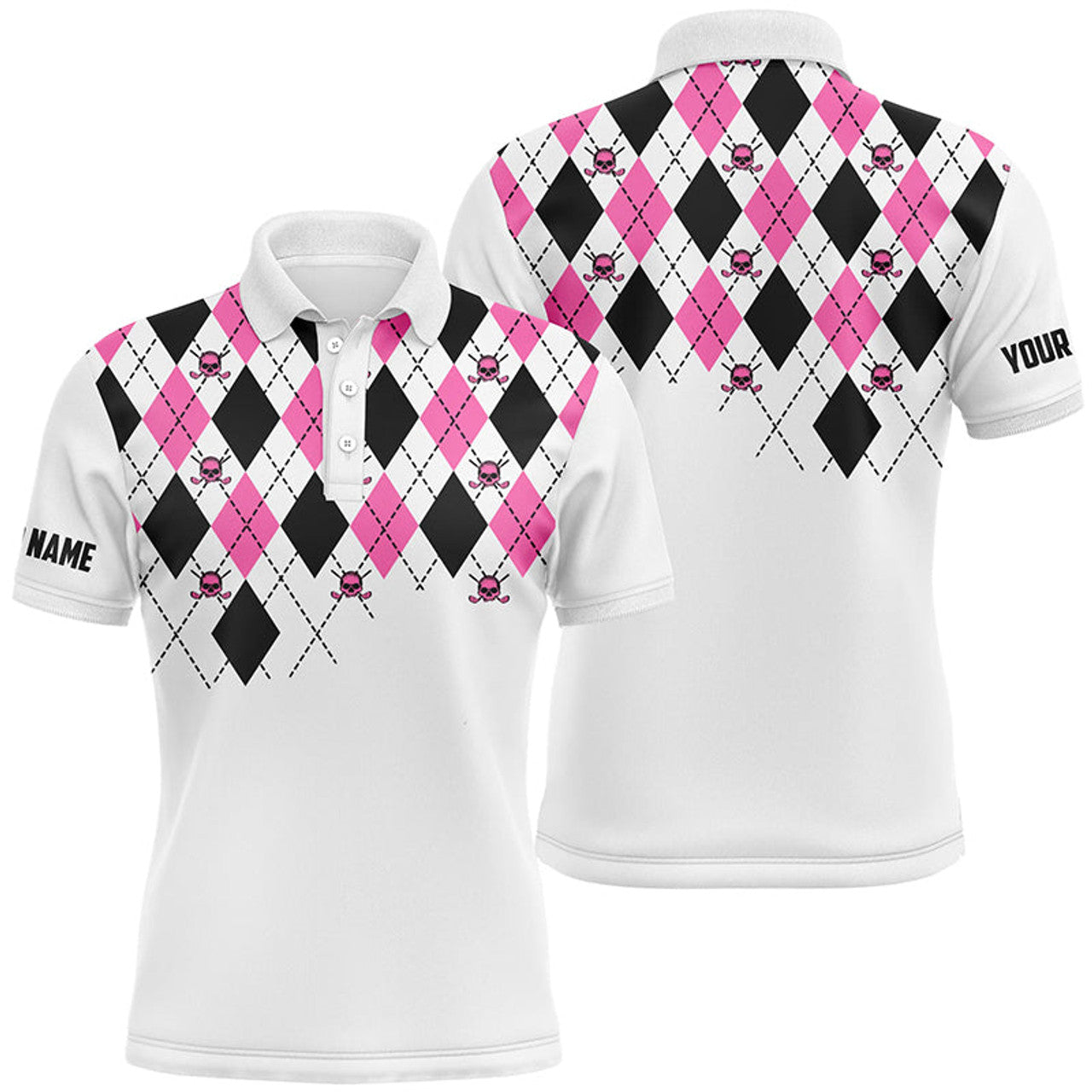 Custom Pink Black Argyle Plaid Golf Skull White Men's Polo Shirt S-5XL