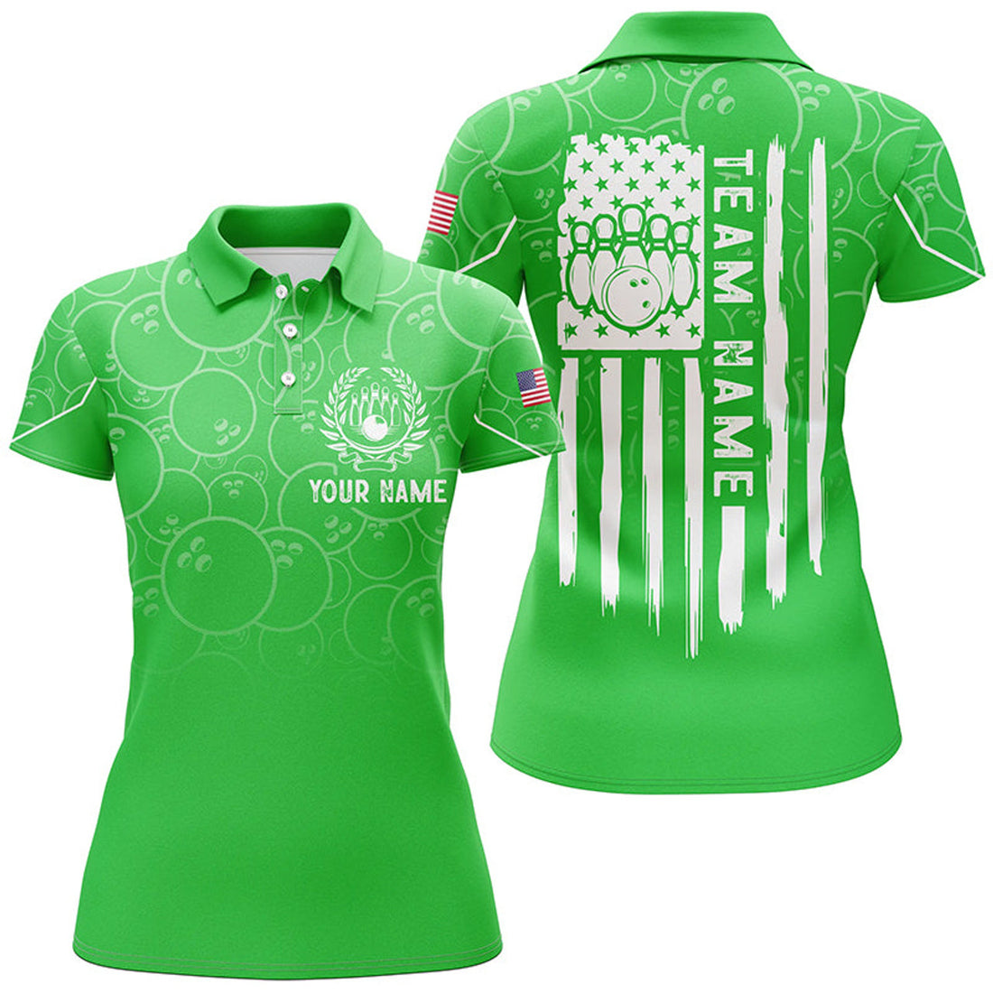 Custom Green Camo American Flag Bowling Team Women's Polo Shirts S-5XL