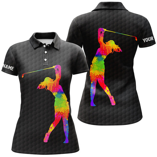 Custom Watercolor Golf Shirt with Name Black Golf Gifts Women's Polo Shirts S-5XL