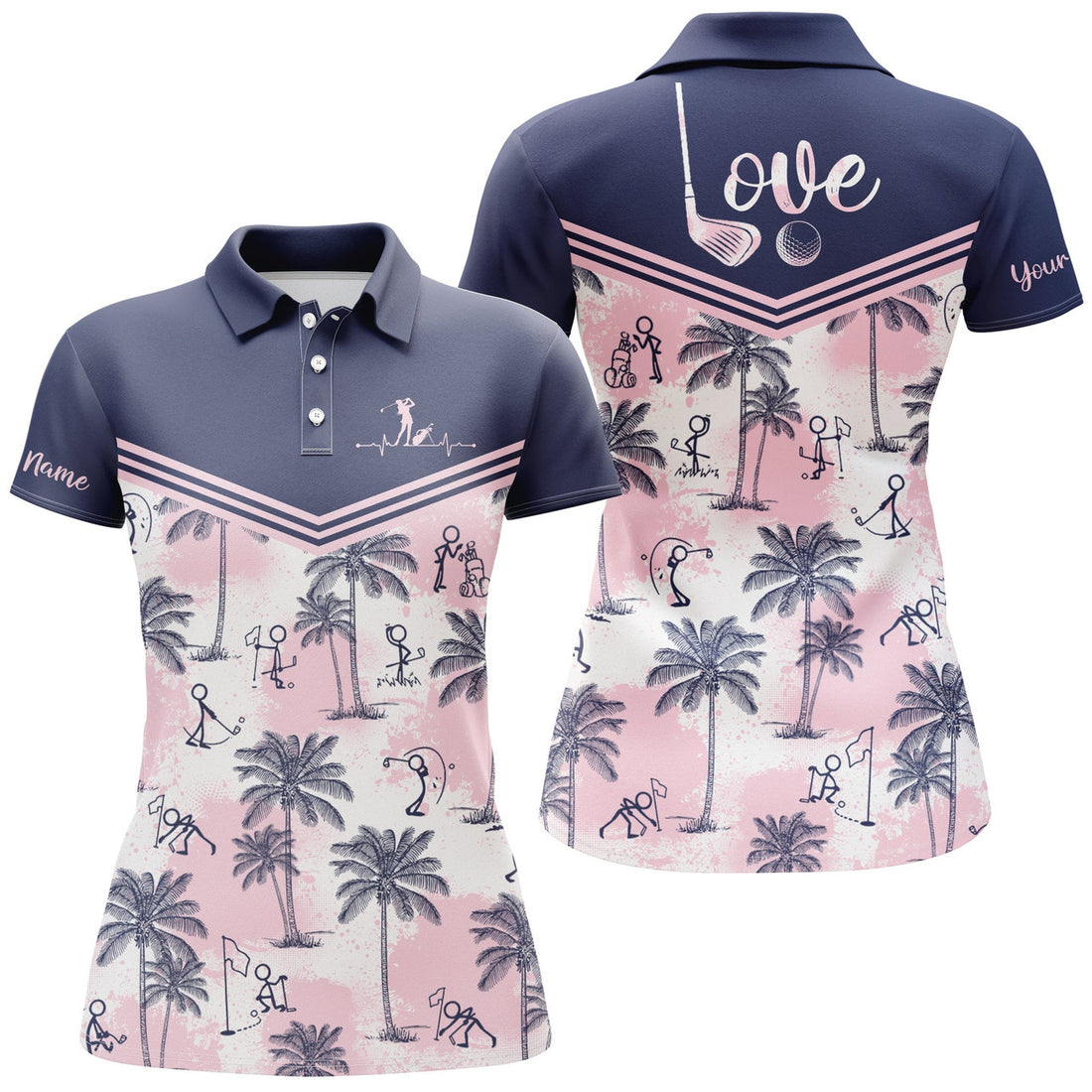 Custom Name Pink Tropical Love Golf Shirt Gift for Women Women's Polo Shirts S-5XL
