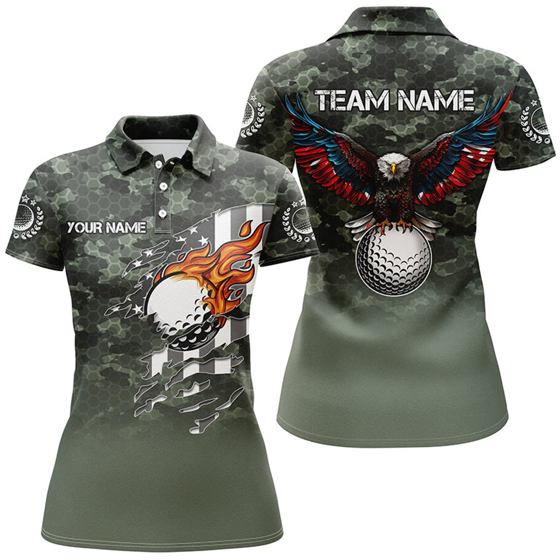 Custom Patriotic Eagle Camo Golf Polo with Flag Golf Ball Women's Polo Shirts S-5XL