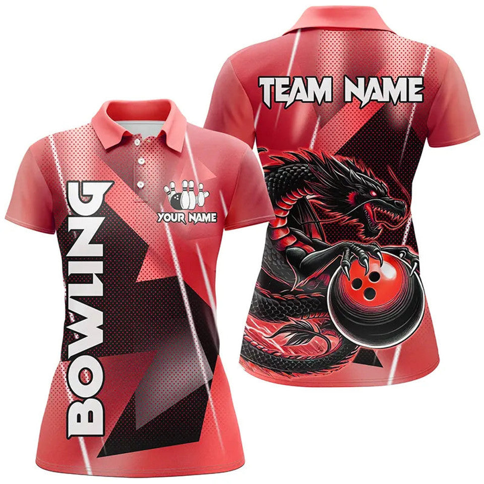 Custom Black Red Dragon Bowling Team Shirts for Women Women's Polo Shirts S-5XL