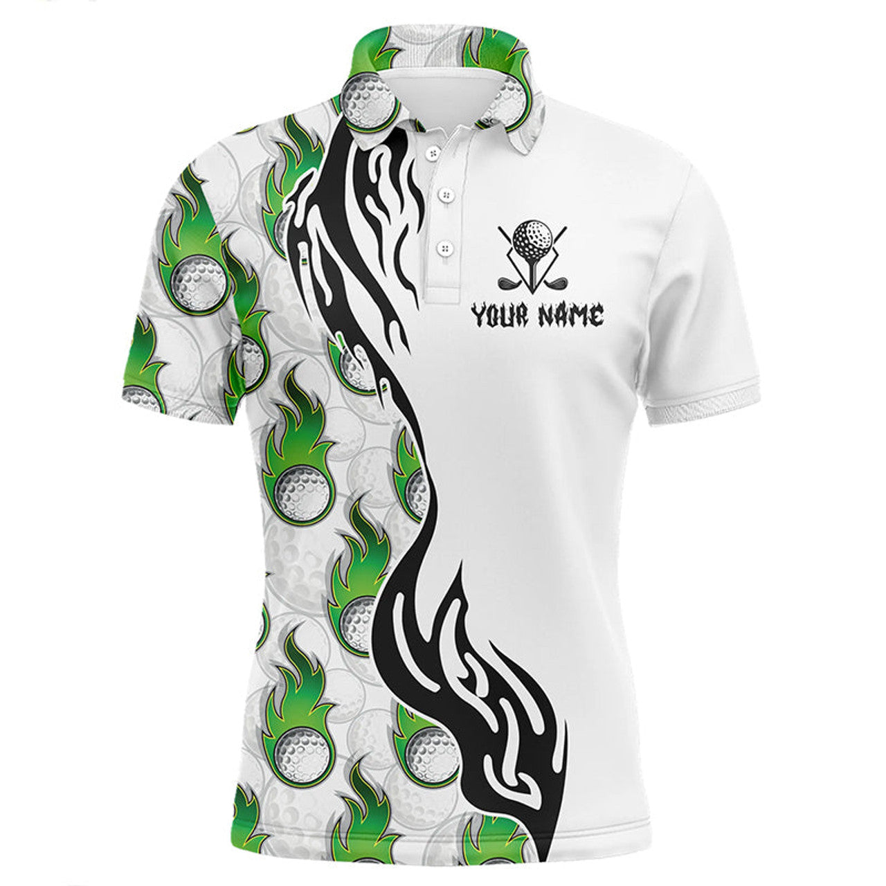 White Green Flame Golf Ball Pattern Mens Golf Polo Shirt S-5XL