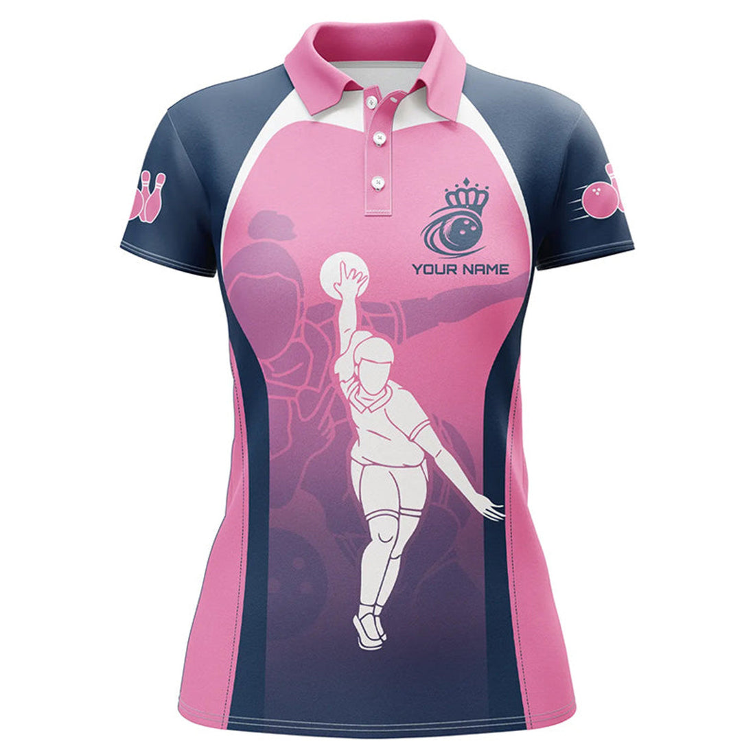 Custom Blue And Pink Bowling Design Women's Polo Shirts S-5XL