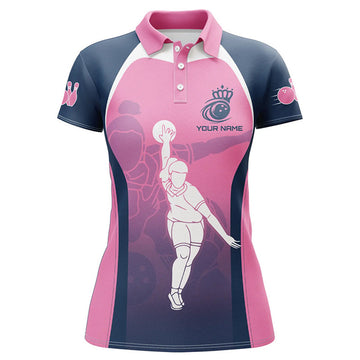 Custom Blue And Pink Bowling Design Women's Polo Shirts S-5XL
