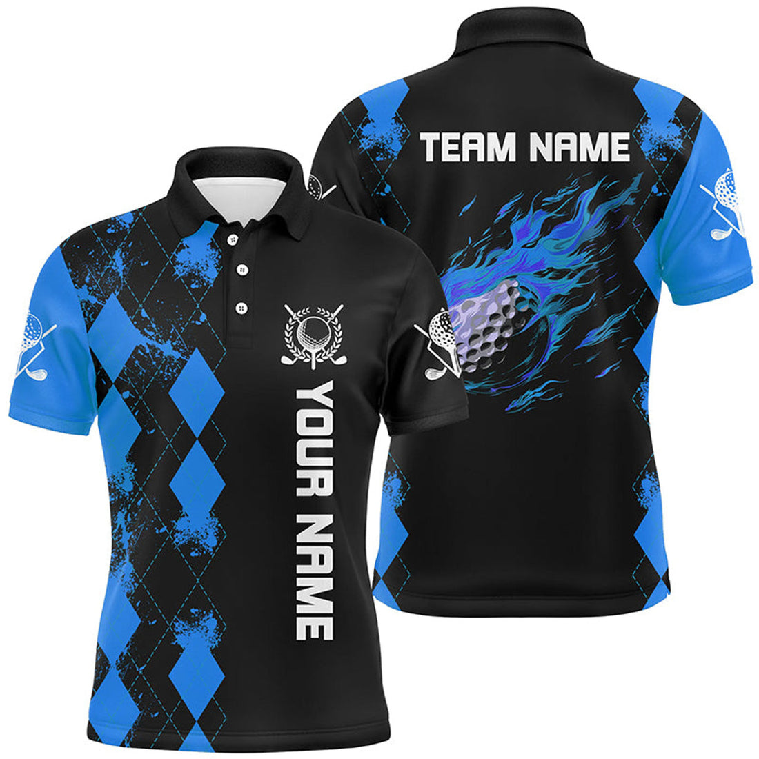 Custom Black Men's Golf Polo Blue Argyle Flame Ball Men's Polo Shirt S-5XL