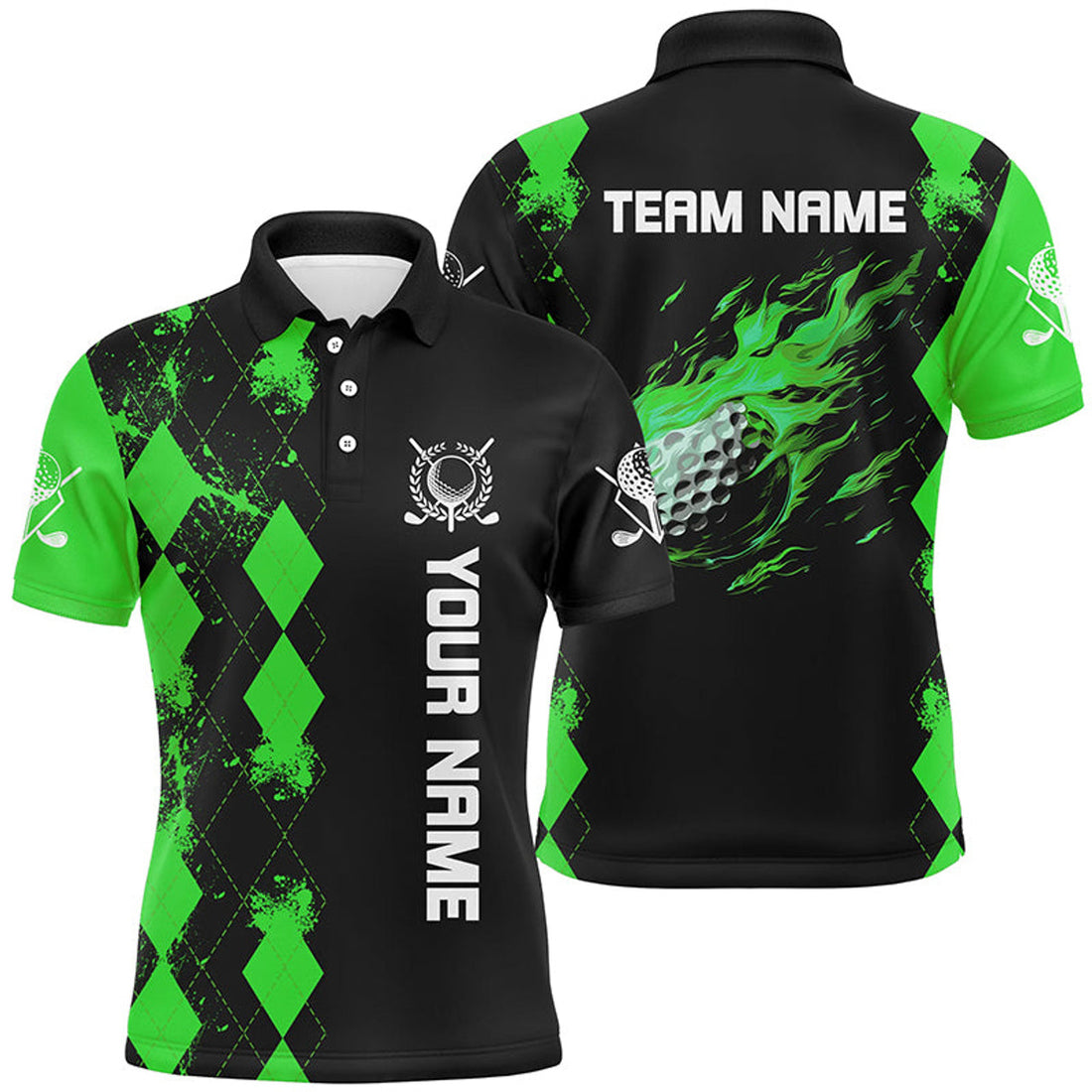 Custom Black Green Argyle Flame Golf Ball Golf Tops Men's Polo Shirt S-5XL