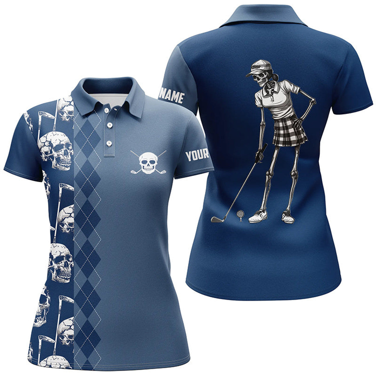 Custom Blue Navy Skull Argyle Pattern Golf for Polo Shirts Women S-5XL