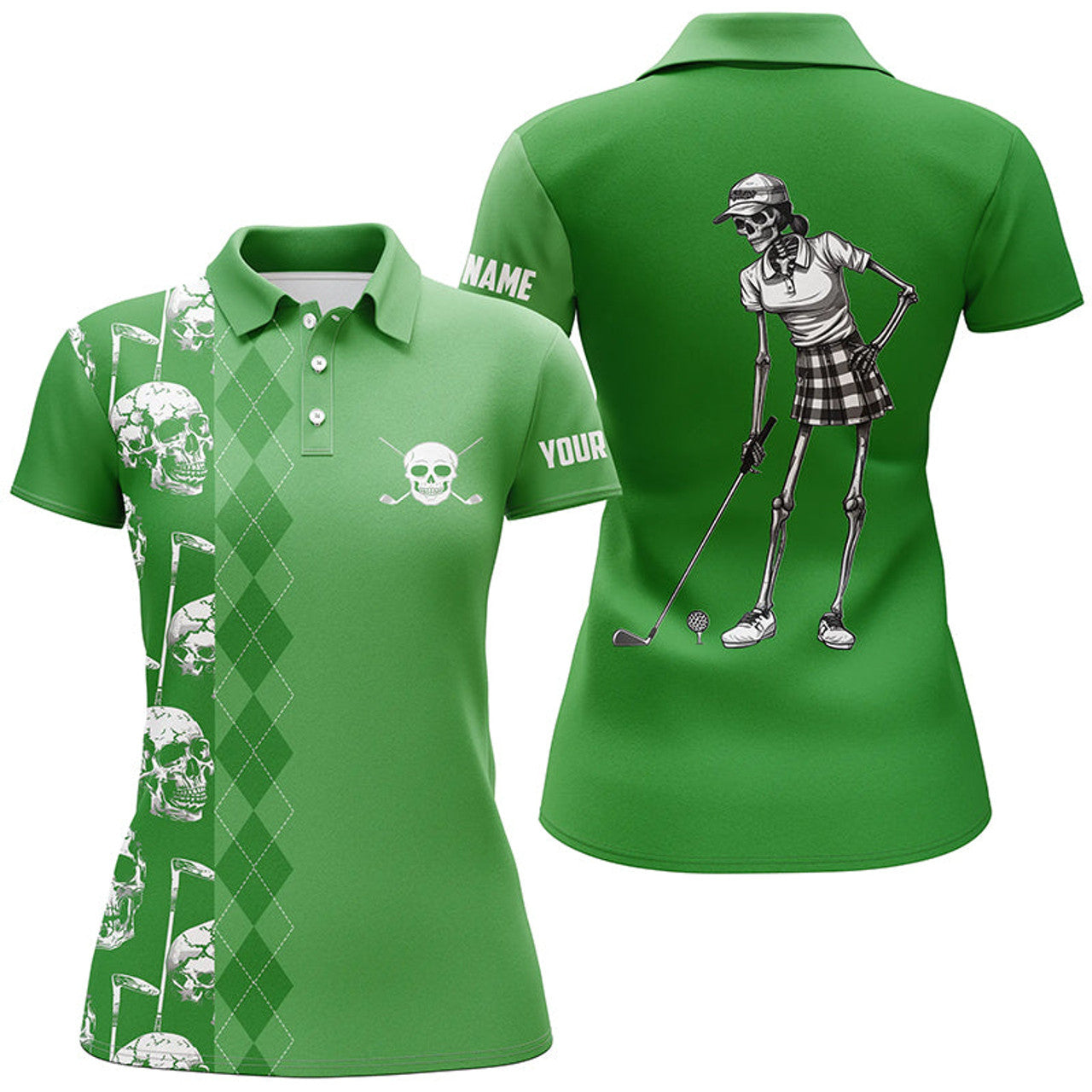 Custom Green Skull Argyle Pattern Golf Tops for Women's Polo Shirts S-5XL