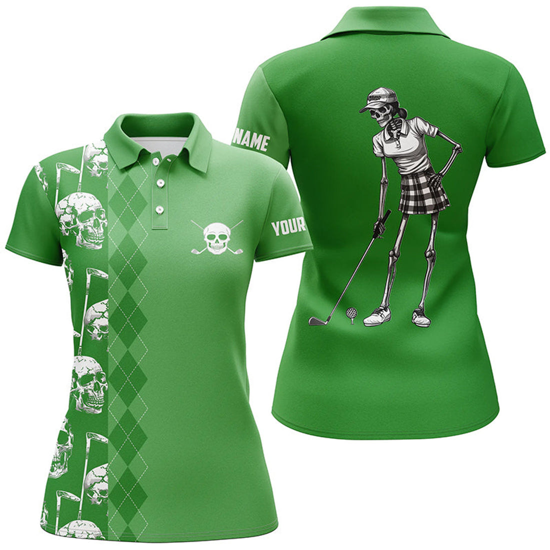 Custom Green Skull Argyle Pattern Golf Tops for Women's Polo Shirts S-5XL