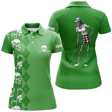 Custom Green Skull Argyle Pattern Golf Tops for Women's Polo Shirts S-5XL
