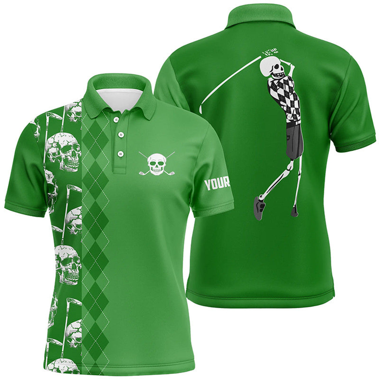Custom Green Skull Argyle Pattern Men's Golf Polo Shirt S-5XL