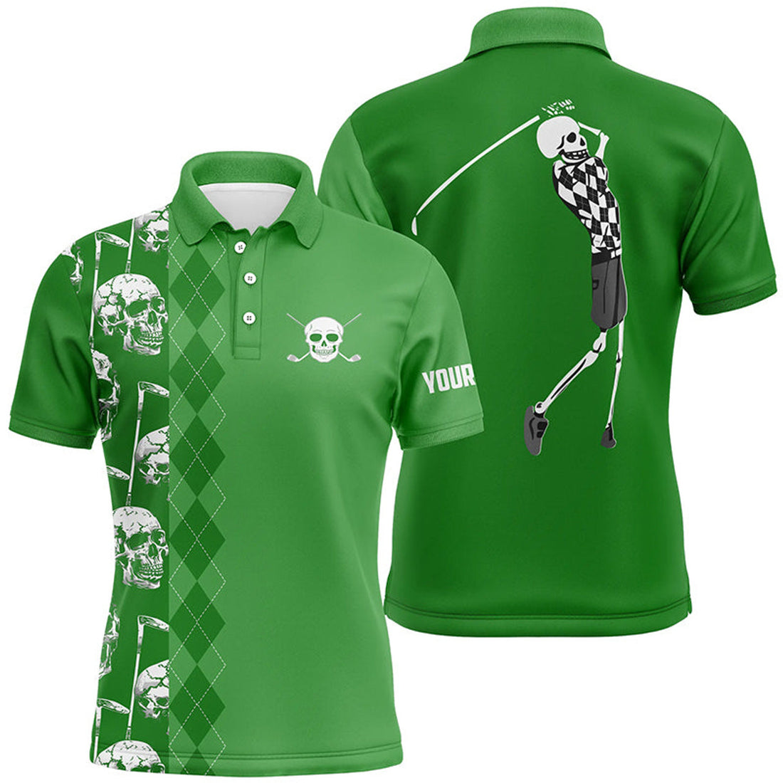 Custom Green Skull Argyle Pattern Men's Golf Polo Shirt S-5XL
