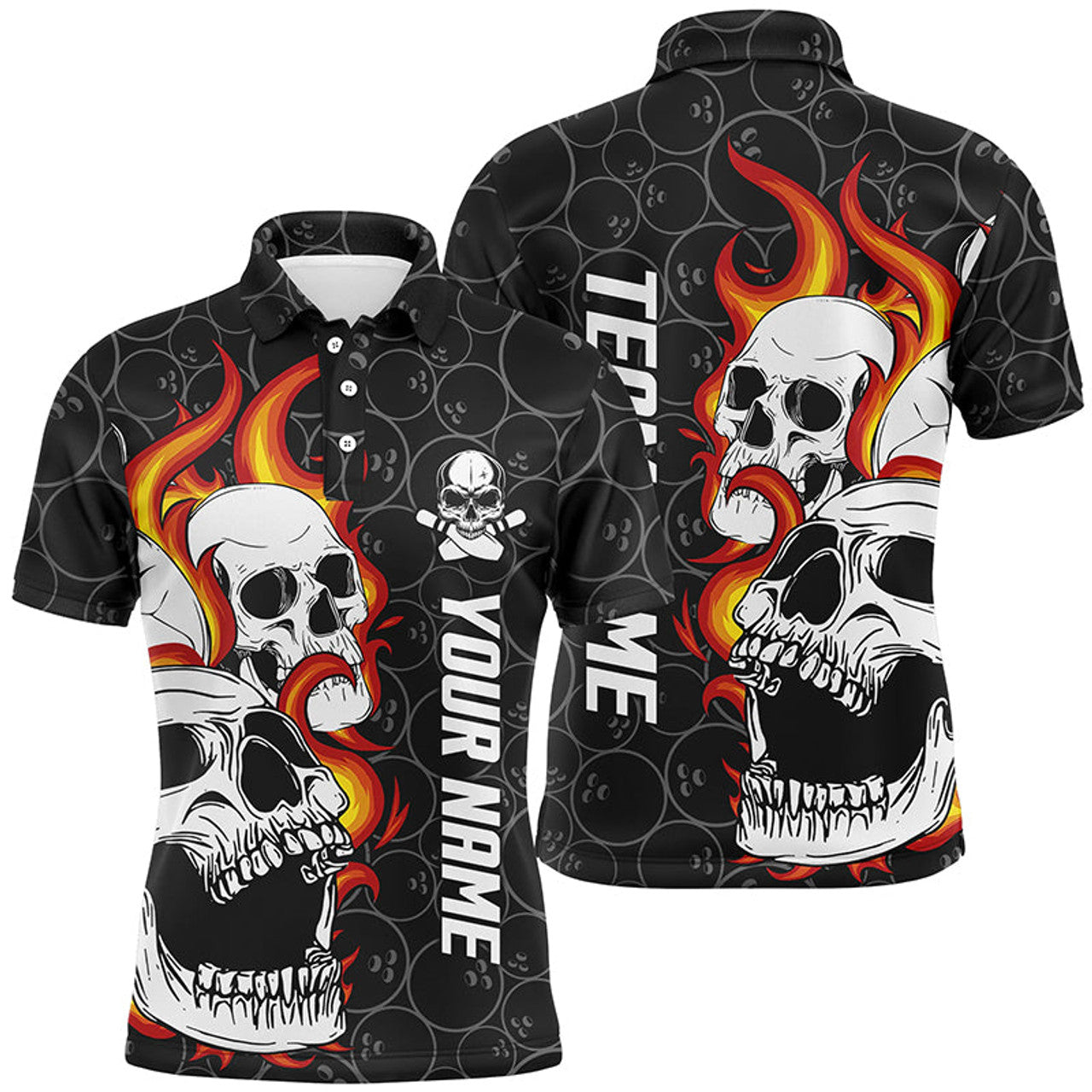 Black Camo Flame Skull Bowling Team League Mens Polo Shirt S-5XL