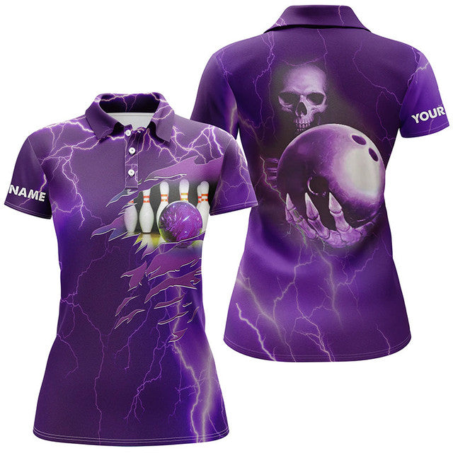 Custom Purple Lightning Skull Bowling Name Logo Women's Polo Shirts S-5XL