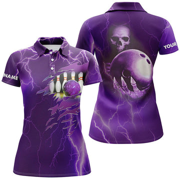 Custom Purple Lightning Skull Bowling Name Logo Women's Polo Shirts S-5XL
