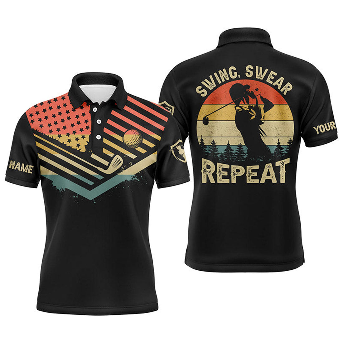 Custom Golf Shirt Vintage Flag Gift Swing Swear Repeat Men's Polo Shirt S-5XL