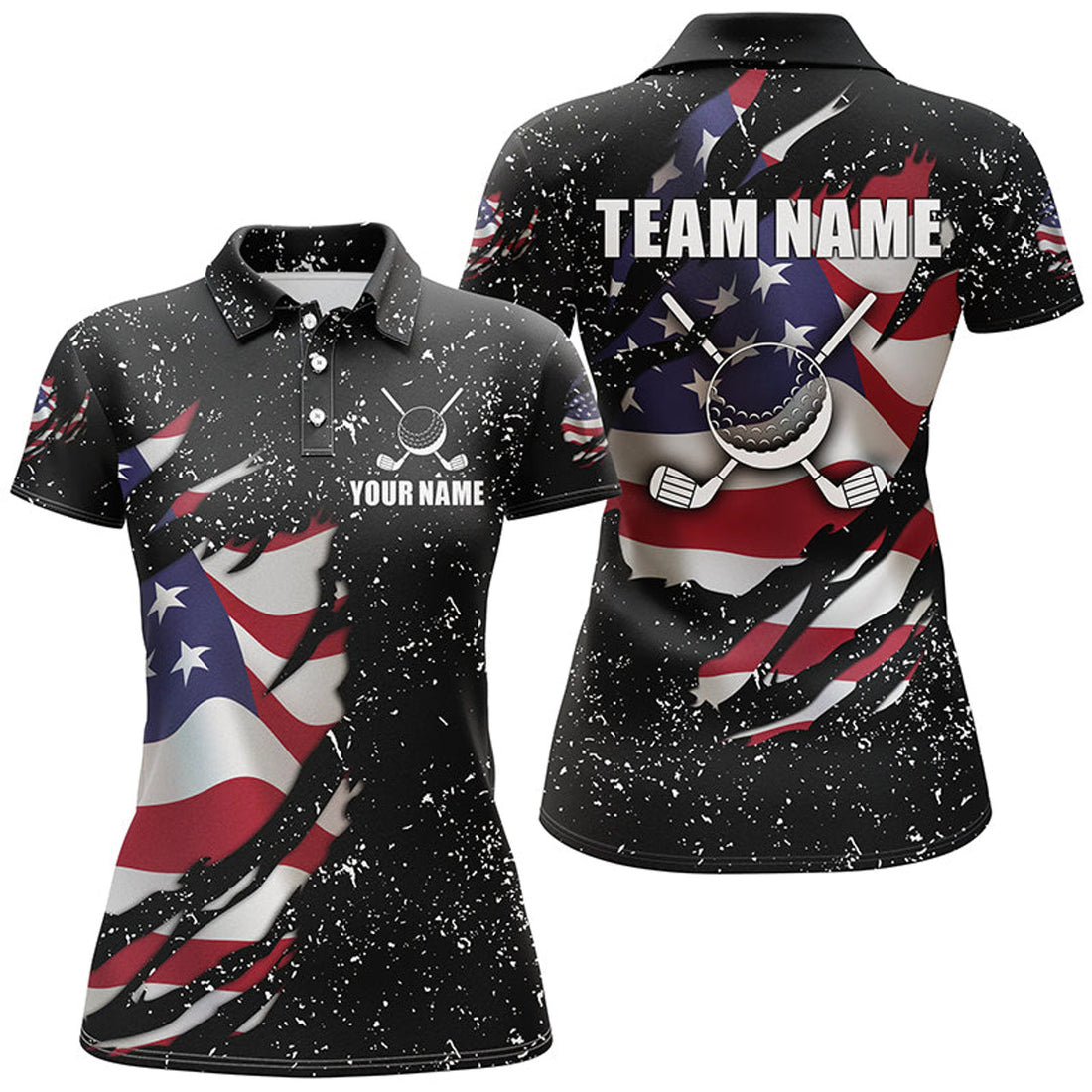 Custom American Flag Black Grunge Pattern Golf Clubs Women's Polo Shirts S-5XL
