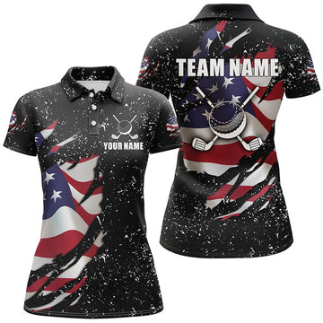 Custom American Flag Black Grunge Pattern Golf Clubs Women's Polo Shirts S-5XL