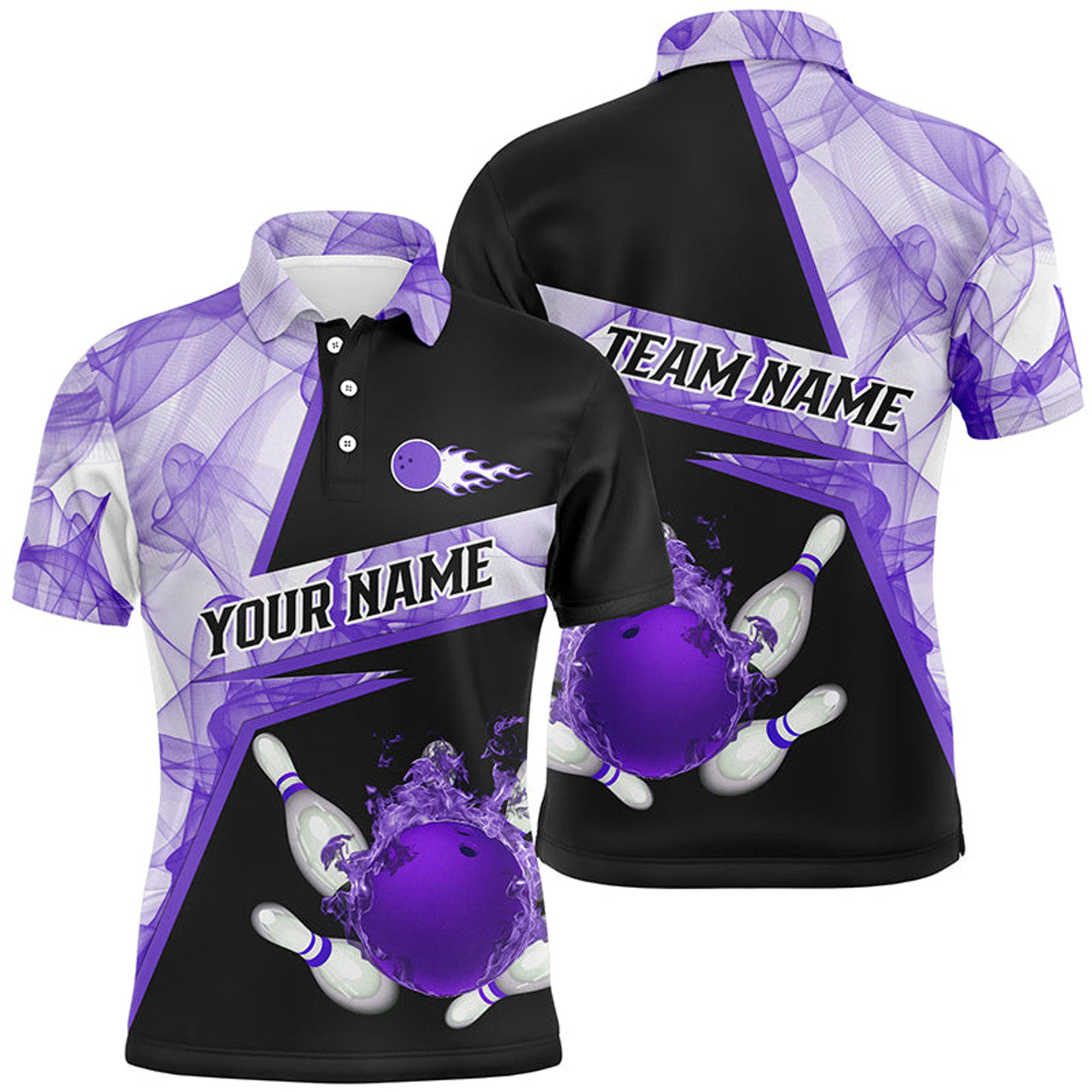 Custom Black Bowling Shirt with Purple Smoke Pattern Men's Polo Shirt S-5XL