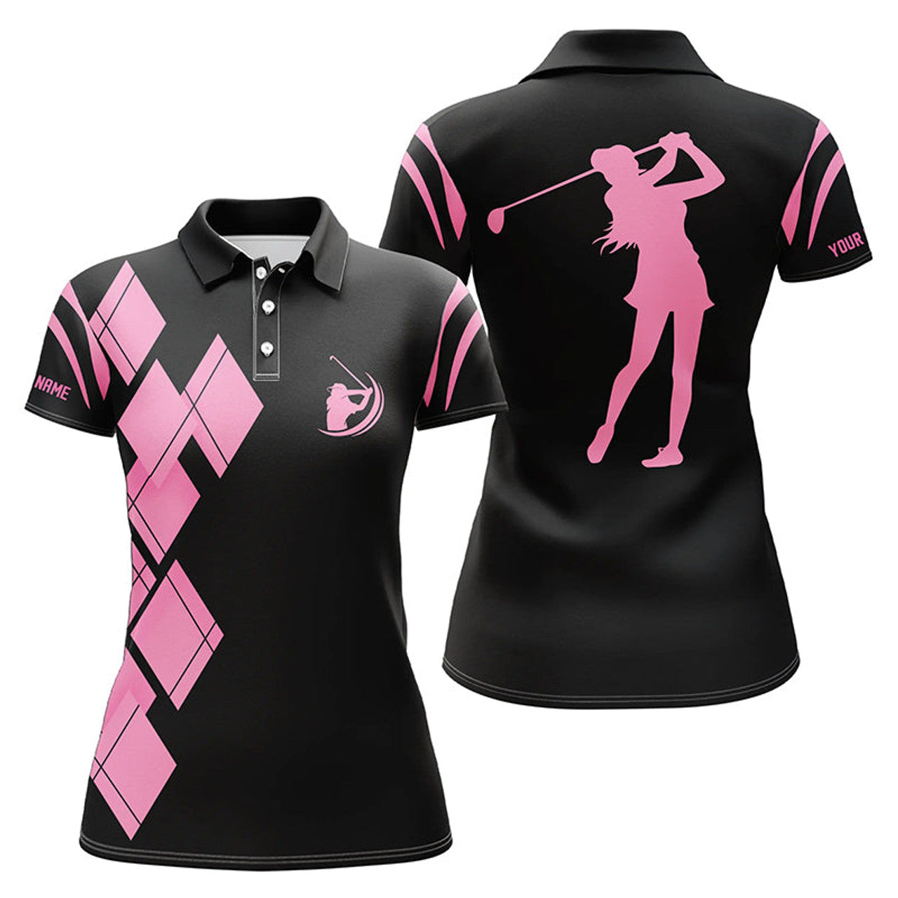 Custom Black and Pink Argyle Pattern Golf Ladies Golf Women's Polo Shirts S-5XL