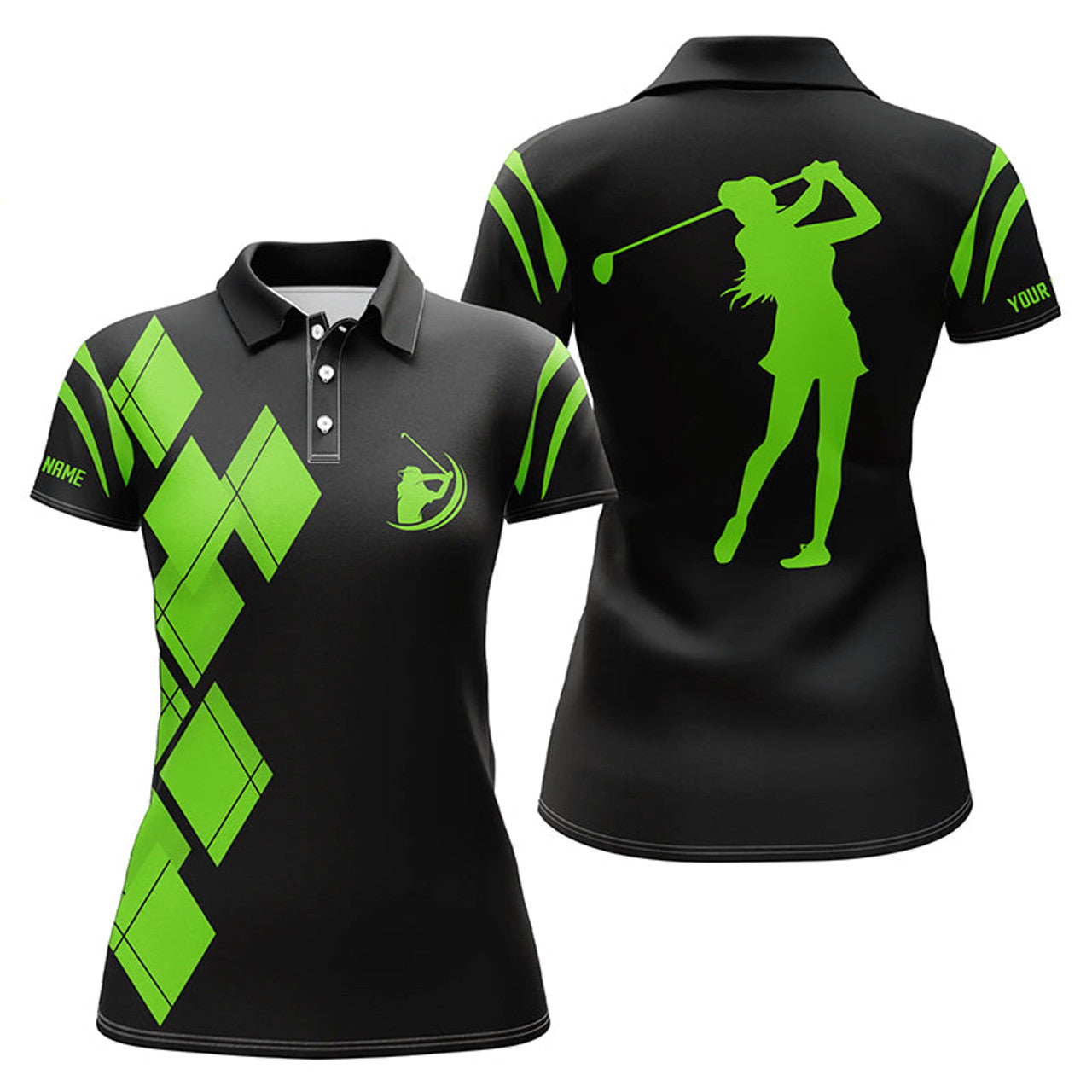 Custom Black and Green Argyle Pattern Golf Custom Ladies Polo Shirts S-5XL