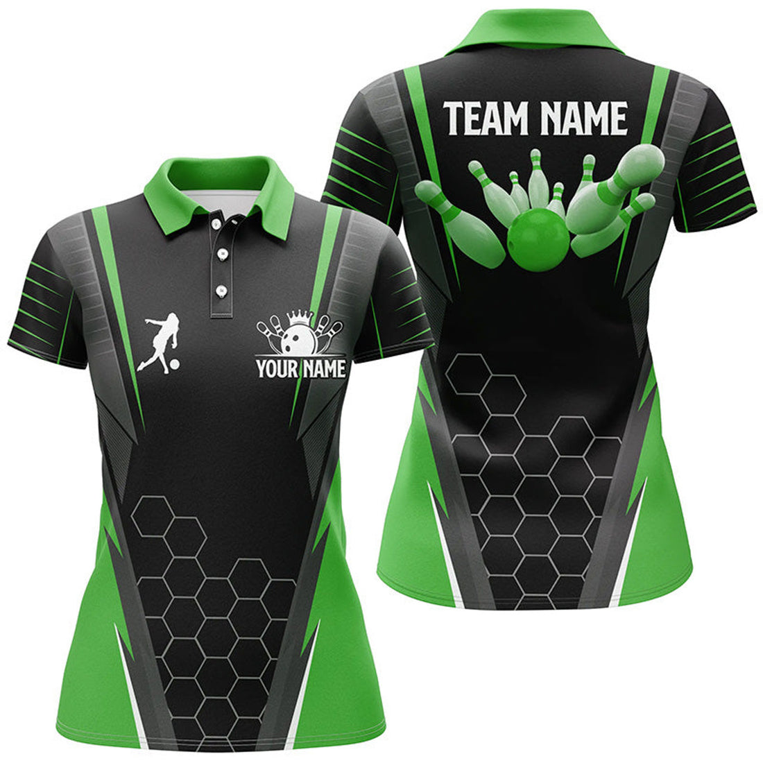 Custom Name Black Green Bowling Shirt for Ladies and Teams Women's Polo Shirts S-5XL