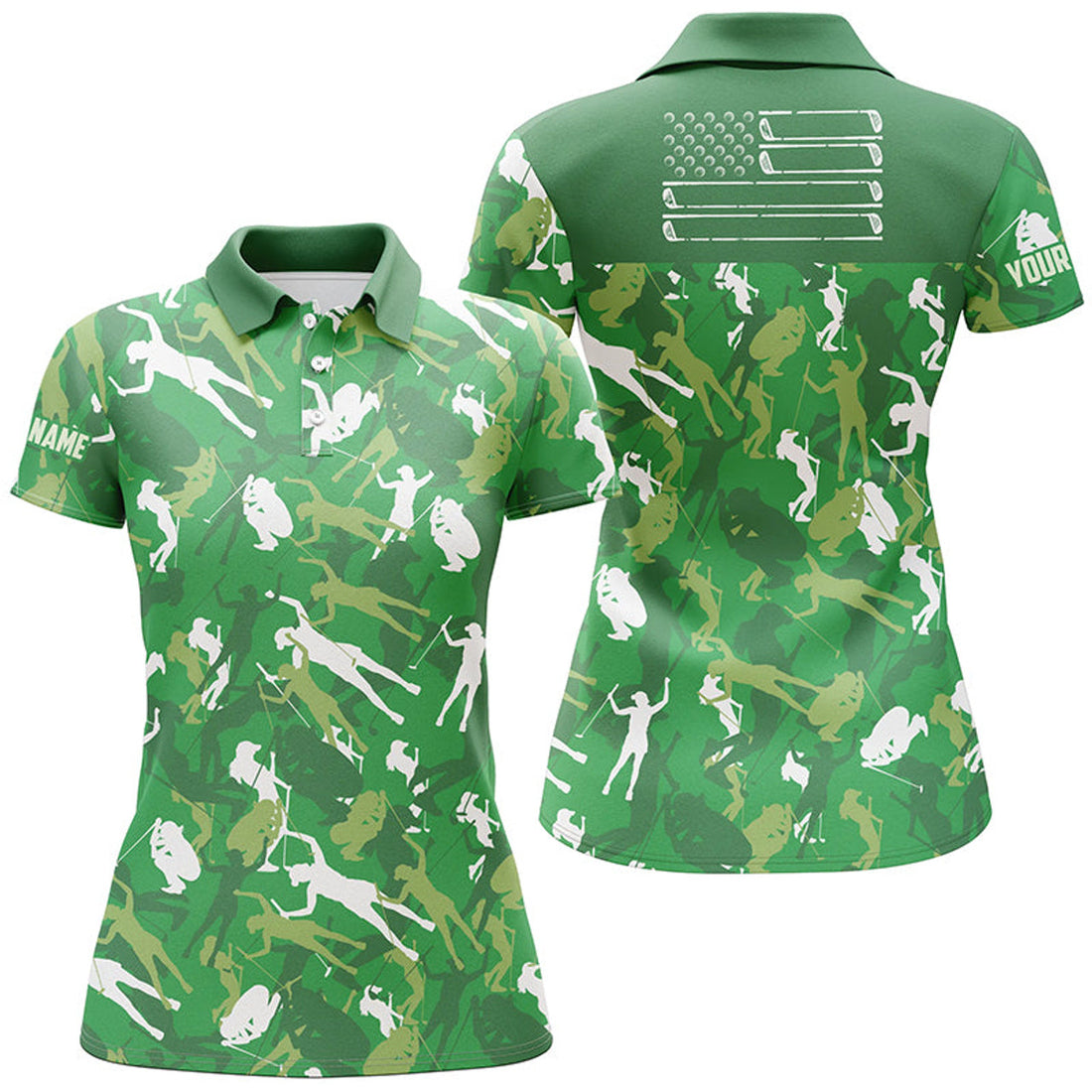 Custom Green Camo American Flag Golf Cool Ladies Women's Polo Shirts S-5XL