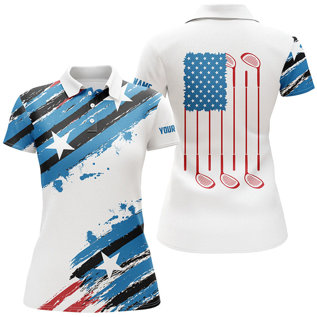 Custom Red White & Blue American Flag Golf Women's Polo Shirts S-5XL