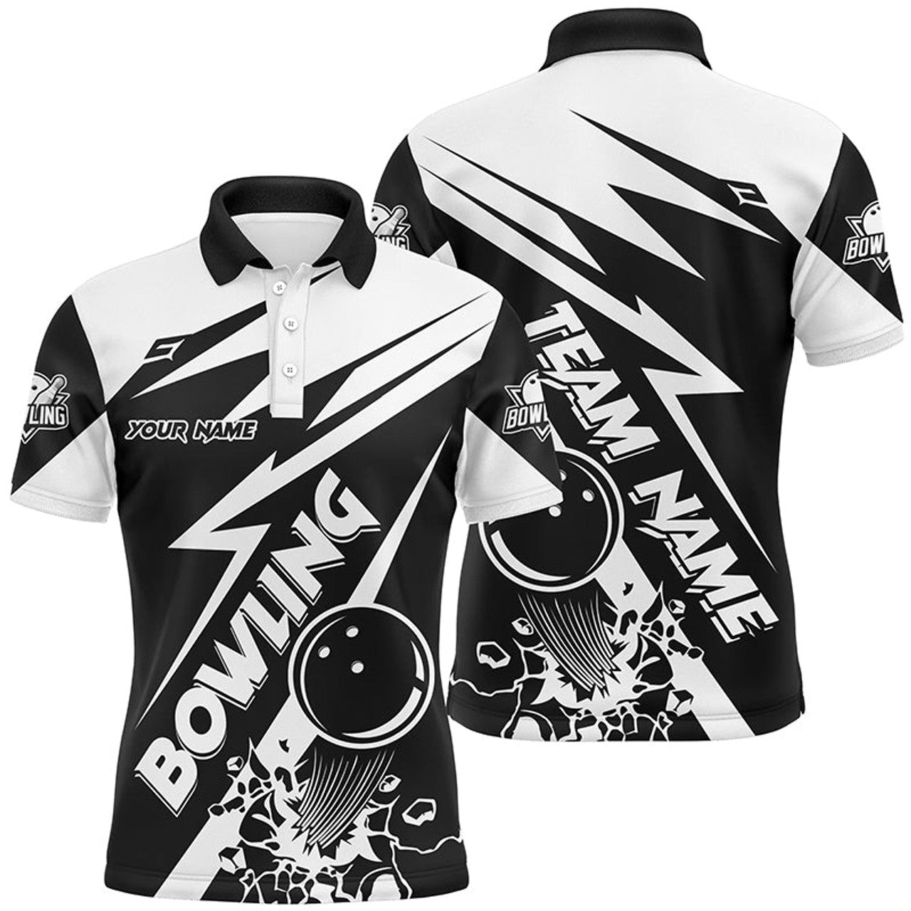 Black and White Bowling Polo Shirt for Men Size S-5XL