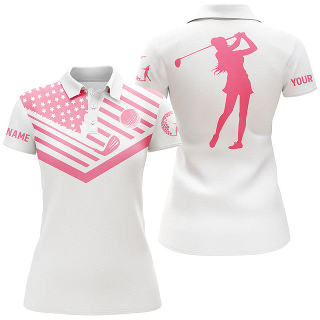 Custom Pink American Flag Golf Shirt White Design Women's Polo Shirts S-5XL