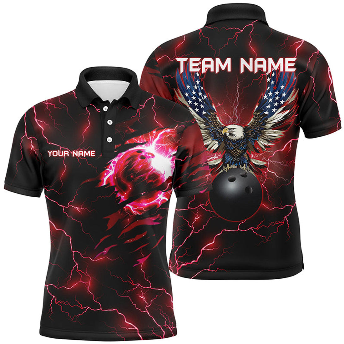 Red Lightning Thunder Bowling Eagle American Flag Custom Men's Polo Shirt S-5XL