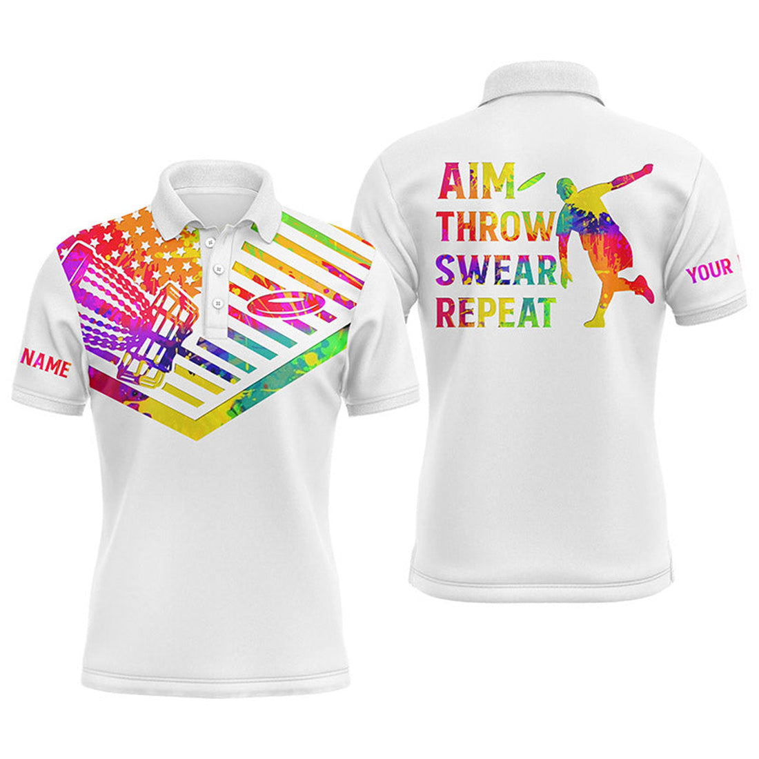 Custom Name Watercolor American Flag Aim Throw Swear Repeat Men's Polo Shirt