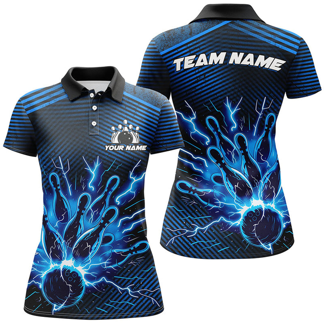 Custom Blue Lightning Thunder Bowling Women's Polo Shirts S-5XL