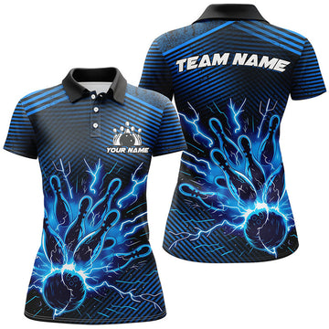 Custom Blue Lightning Thunder Bowling Women's Polo Shirts S-5XL