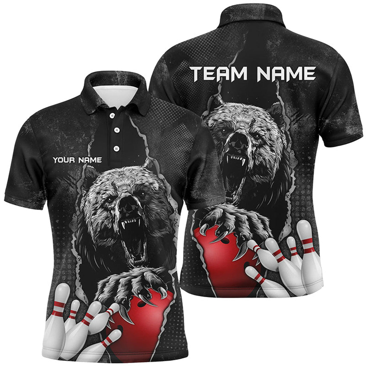 Black Bear grunge pattern Custom Bowling Men's Polo Shirt S-5XL