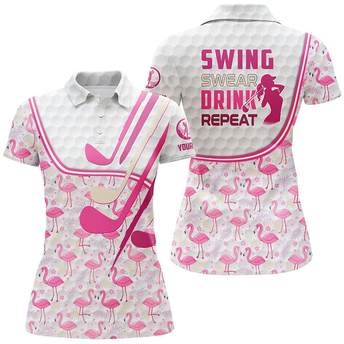 Custom Pink Flamingo Golf Clubs For Swing Swear Repeat Women's Polo Shirts S-5XL