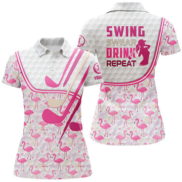 Custom Pink Flamingo Golf Clubs For Swing Swear Repeat Women's Polo Shirts S-5XL