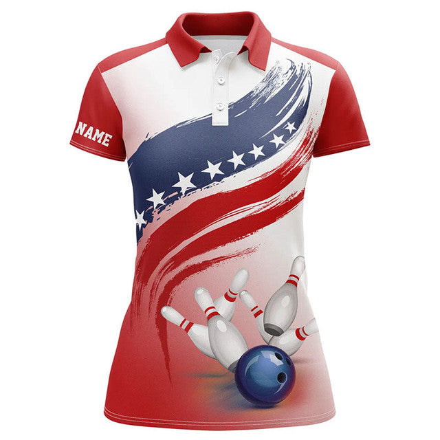 Custom American Flag Bowling Shirt Ball and Pins Design Women's Polo Shirts S-5XL