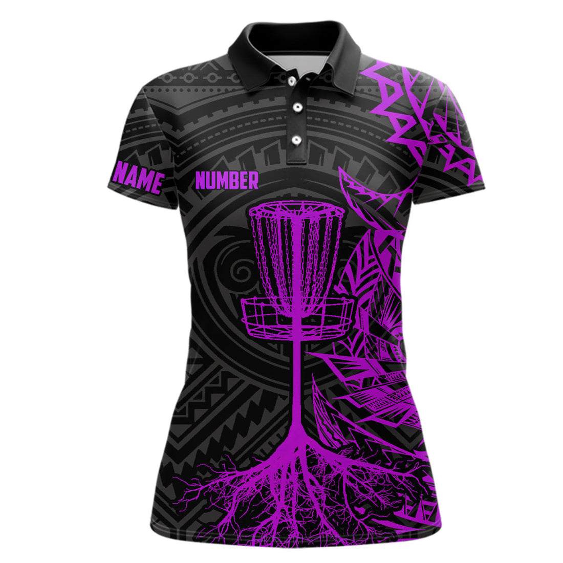 Custom Tribal Disc Golf Shirt with Black Basket Design Women's Polo Shirts S-5XL