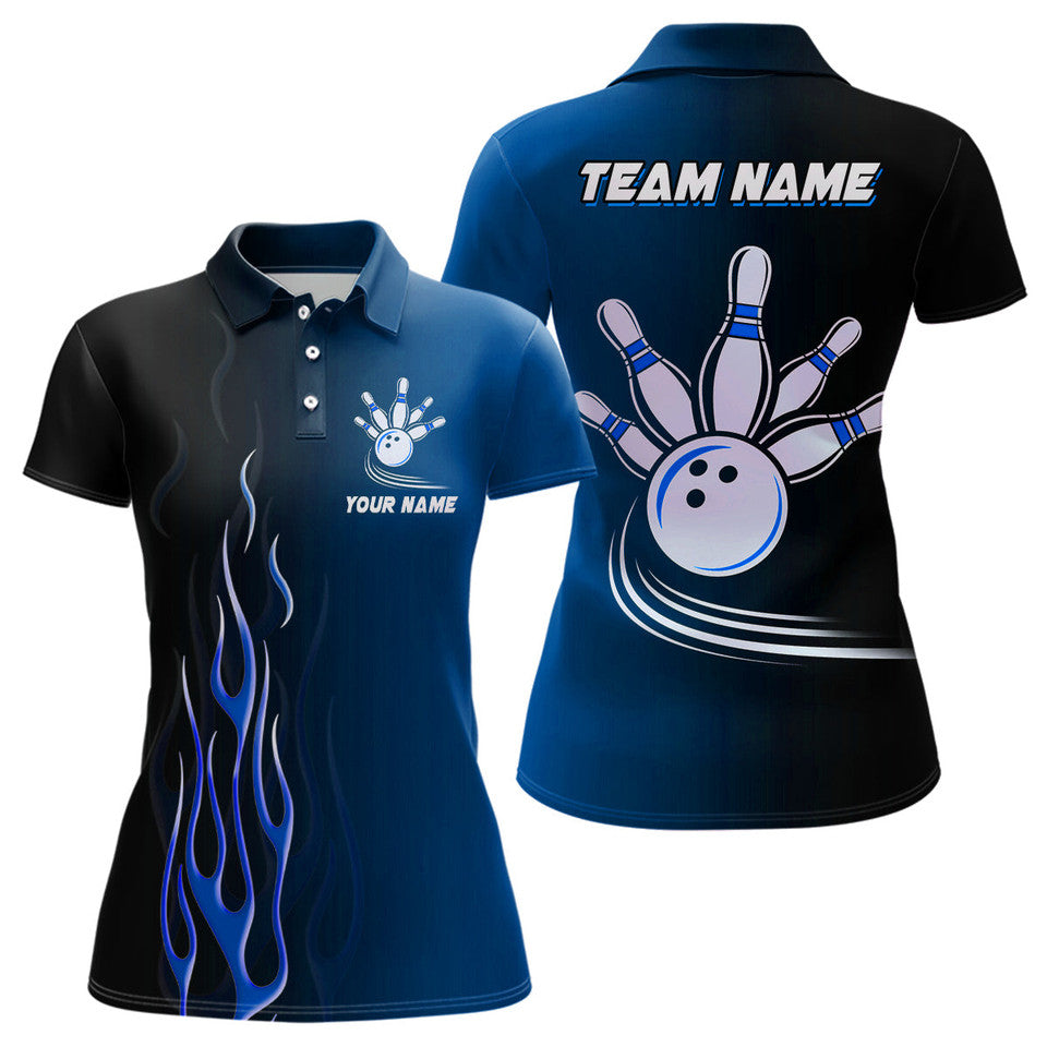 Custom Gradient Black Blue Bowling League Gifts Women's Polo Shirts S-5XL