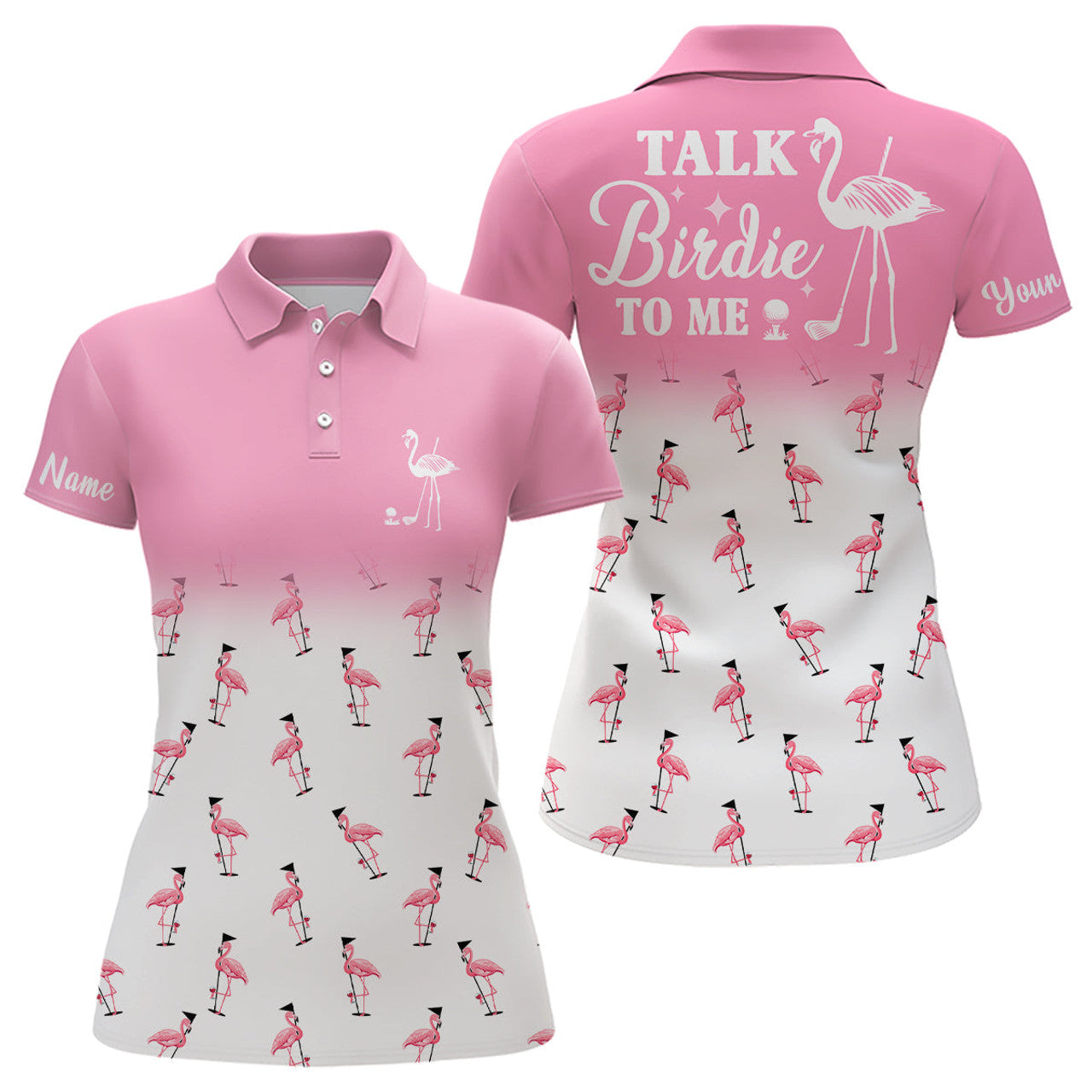 Custom Light Pink White Flamingo Golf Talk Birdie To Me Women's Polo Shirts S-5XL