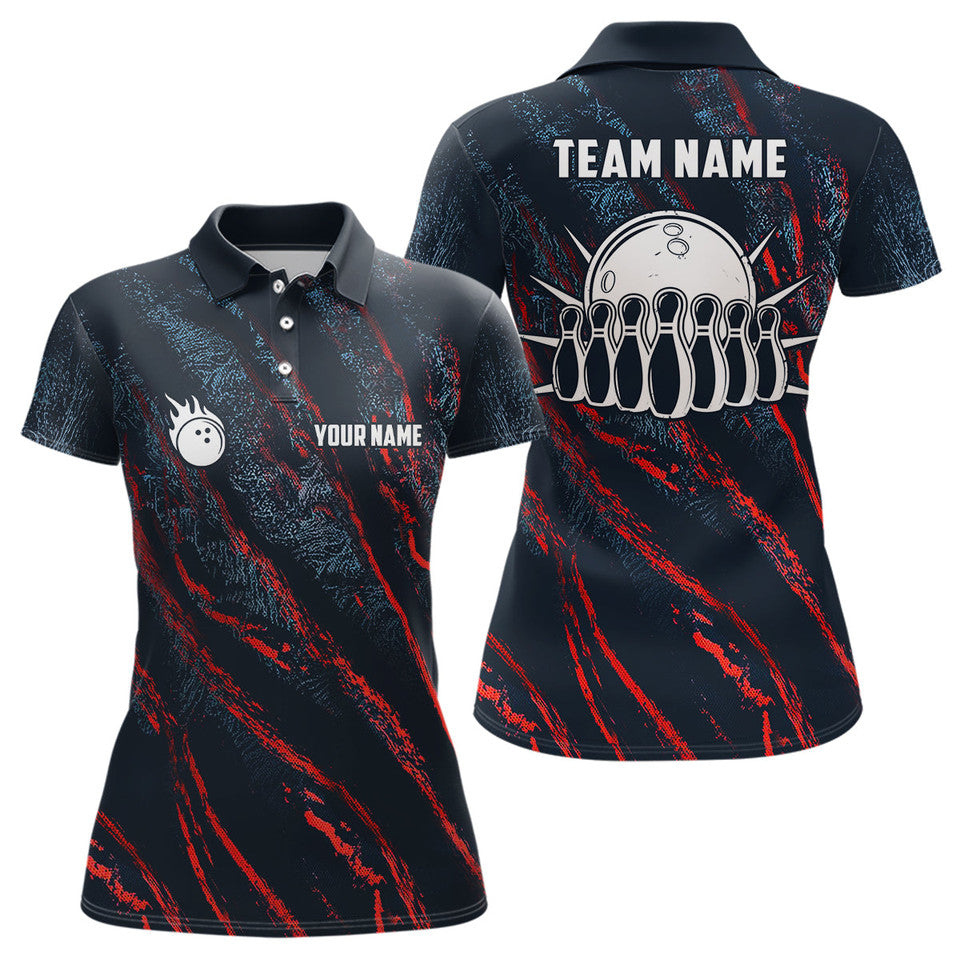Custom Blue Red Camo Bowling Ball Pins League Design Women's Polo Shirts S-5XL