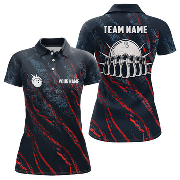 Custom Blue Red Camo Bowling Ball Pins League Design Women's Polo Shirts S-5XL