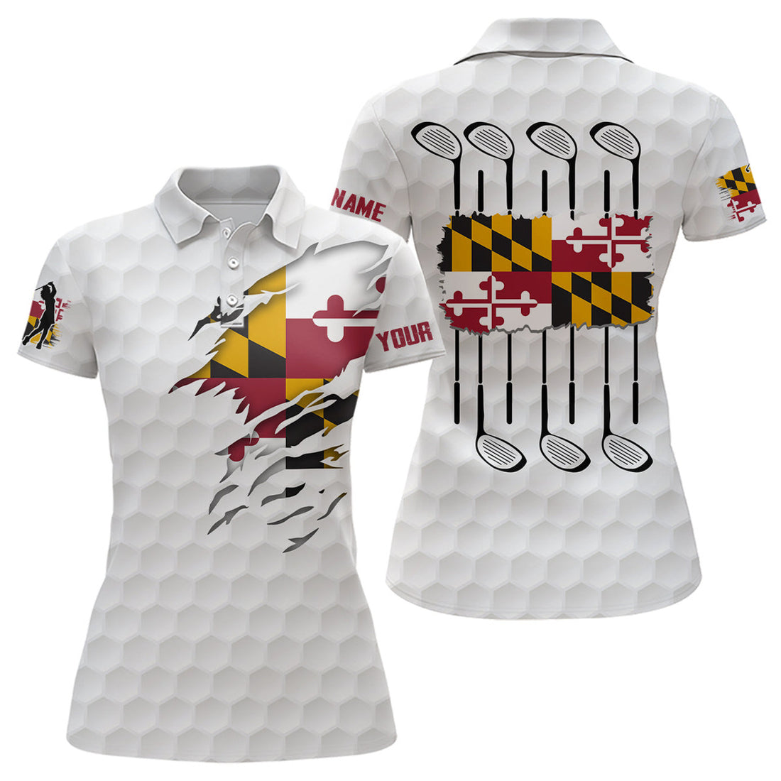 Maryland Flag Golf Pattern White Polo Shirt Patriotic Gift Women's Polo Shirts S-5XL